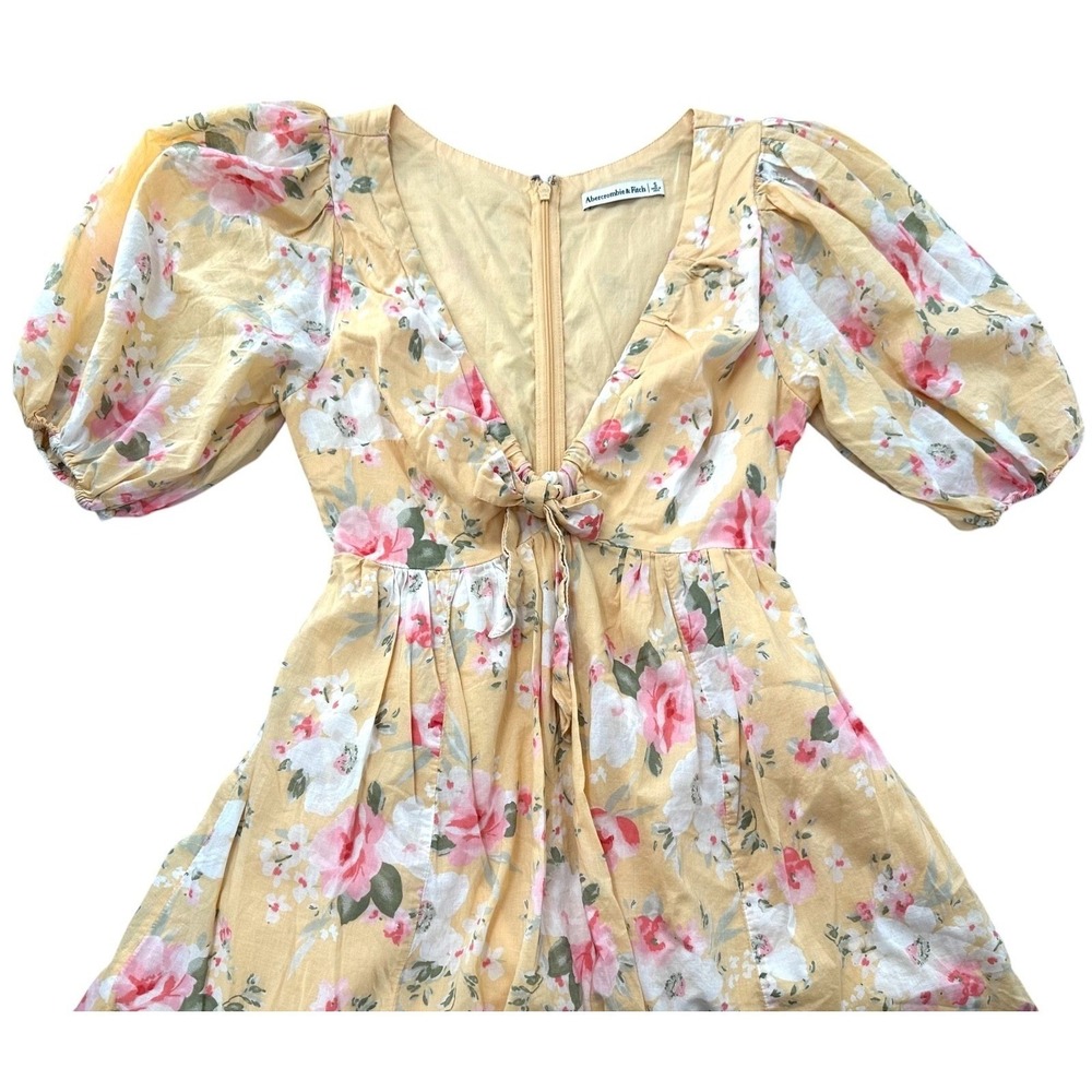 Abercrombie & Fitch Babydoll Dress Yellow Floral Puff Sleeves V-Neck Size Small - Picture 10 of 11